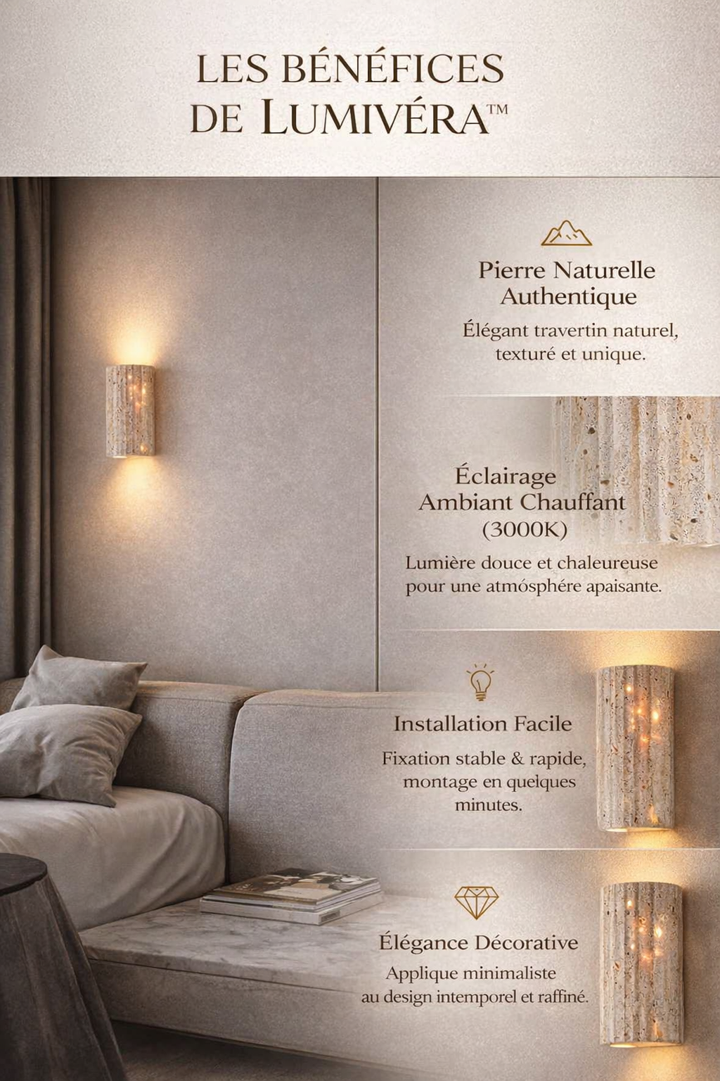 Lumivéra™ – Applique Murale en Pierre Naturelle Travertin | Design Wabi-Sabi & Éclairage Ambiant