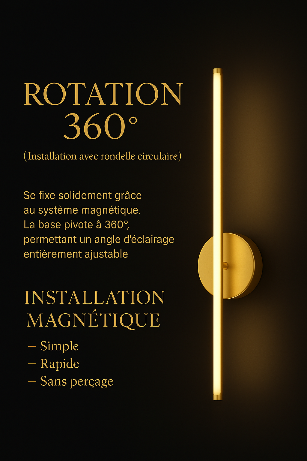 Lumivéra™ – Applique Murale LED Sans Fil Élégante | Rotation 360° | Rechargeable & Installation Magnétique
