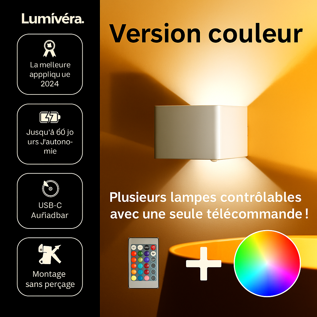 Lumivéra™ – Applique Murale LED RGB Sans Fil de Luxe | Installation Facile | Autonomie Longue Durée | Offre 3+1 Gratuite